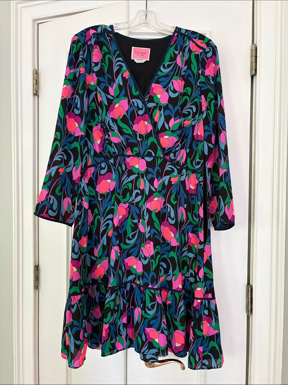 Kate Spade black floral wrap design dress with pink and blue blossoms sz 12